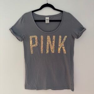 Victoria’s Secret PINK‎ Gray Sequin Logo Scoop Neck Tee Size Large